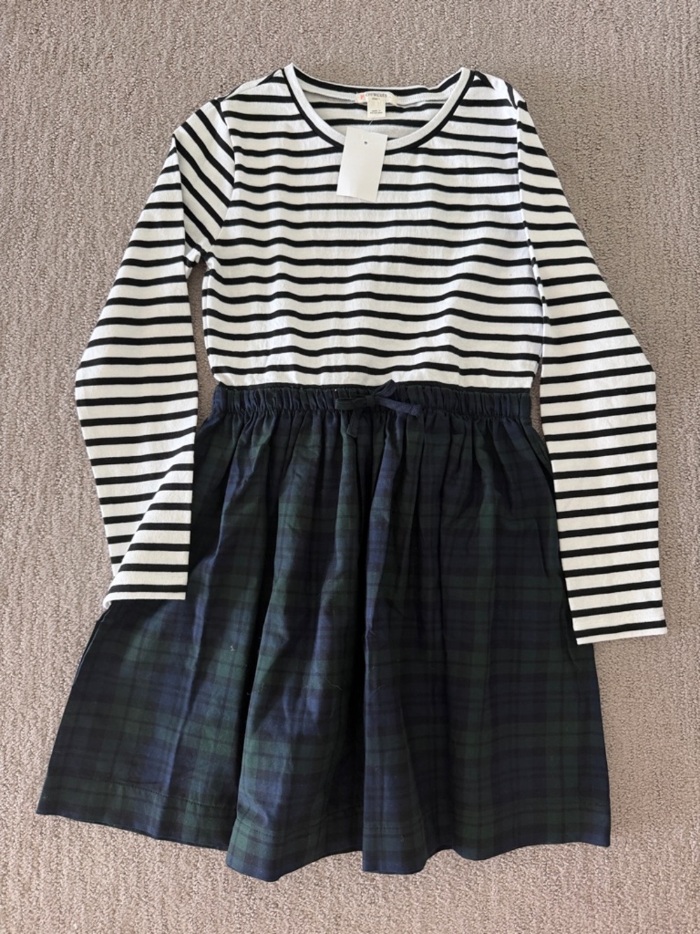 Crewcuts Black & White Striped Top with Dark Green Plaid Skirt Dress